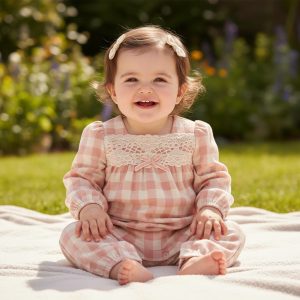 Cotton Checked and Lace Romper – by Tongs Baby (0–9 Months)