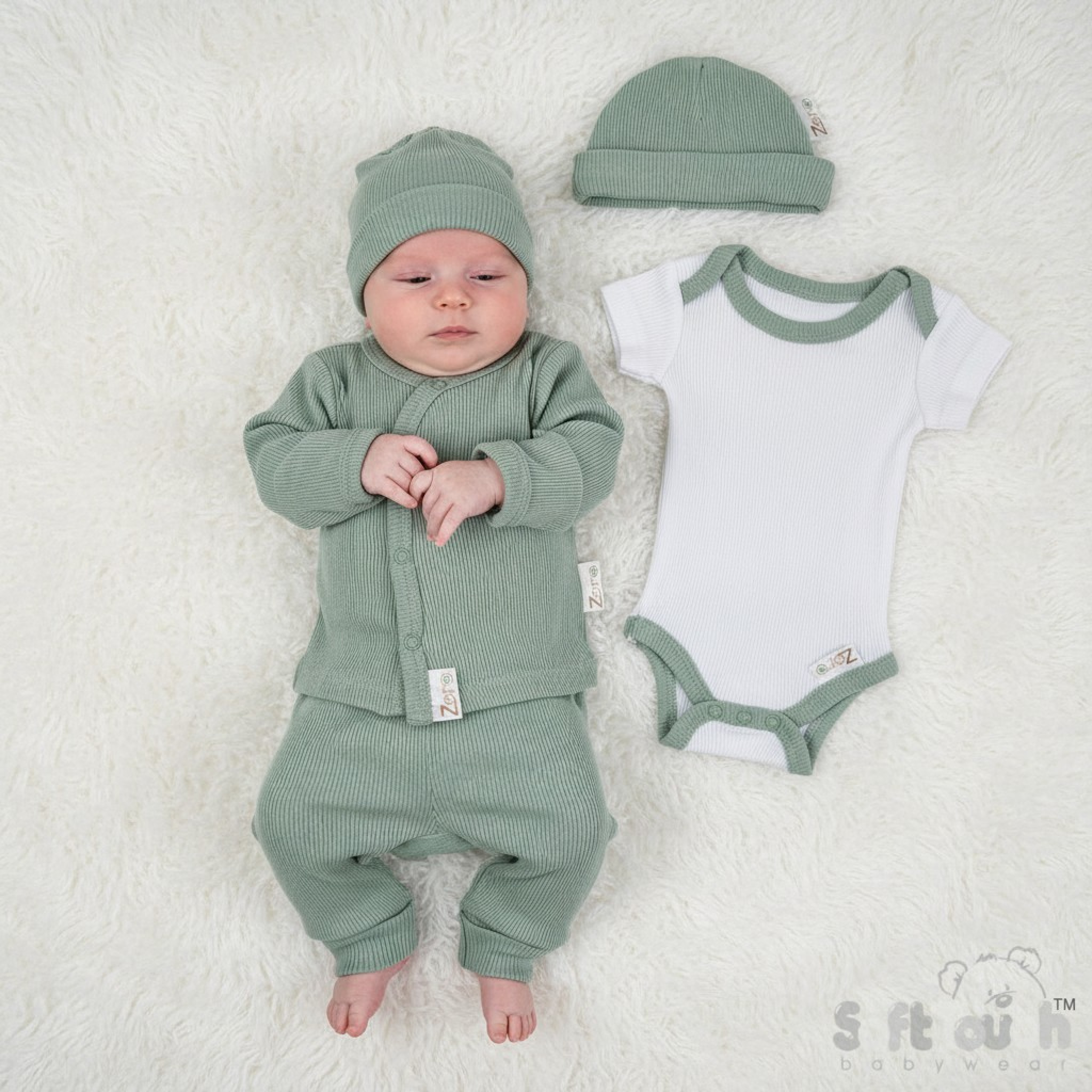 Sage Green Four Piece Set – by Soft Touch (Tiny Baby 3.5kg)