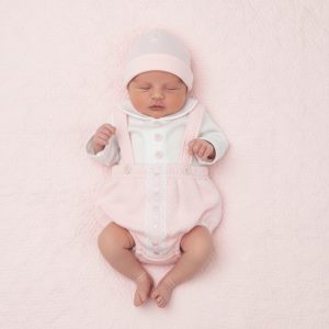 Pink “Bow and Lace” Dungaree Set – by Tiny Chick 3–8 lbs)
