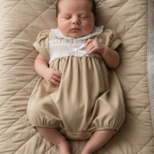Taupe Linen Smocked Romper – by My Little Chick (0–6 Months)