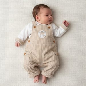 Taupe Corduroy “Giraffe” Dungaree Set – by My Little Chick (3–8 lbs)
