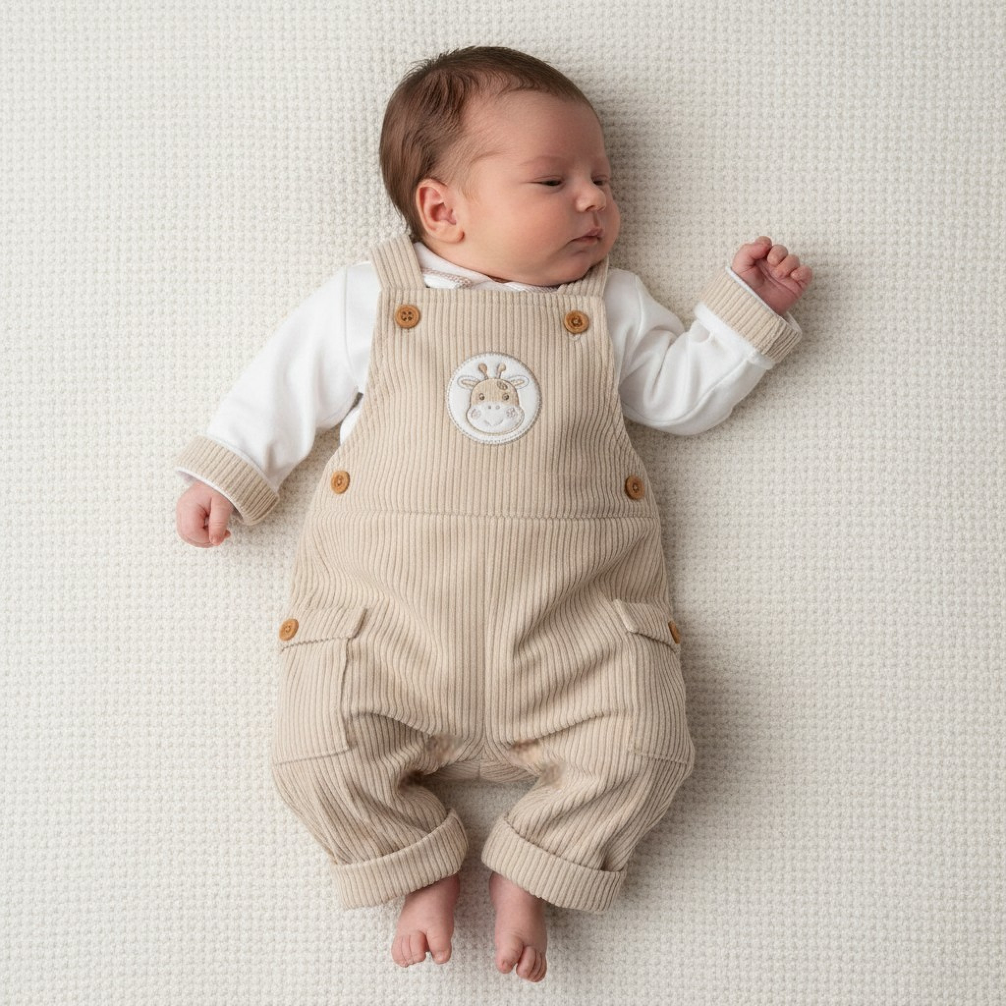 Taupe Corduroy “Giraffe” Dungaree Set – by My Little Chick (3–8 lbs)