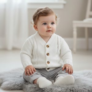 White Chunky Cable Knit Cardigan – by Nursery Time (Newborn–12 Months)