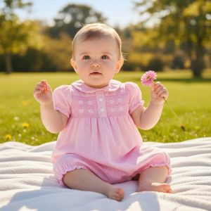 Daisy Smocked Romper – by Rock-a-Bye Boutique (6-9 Months) LAST ONE‼️