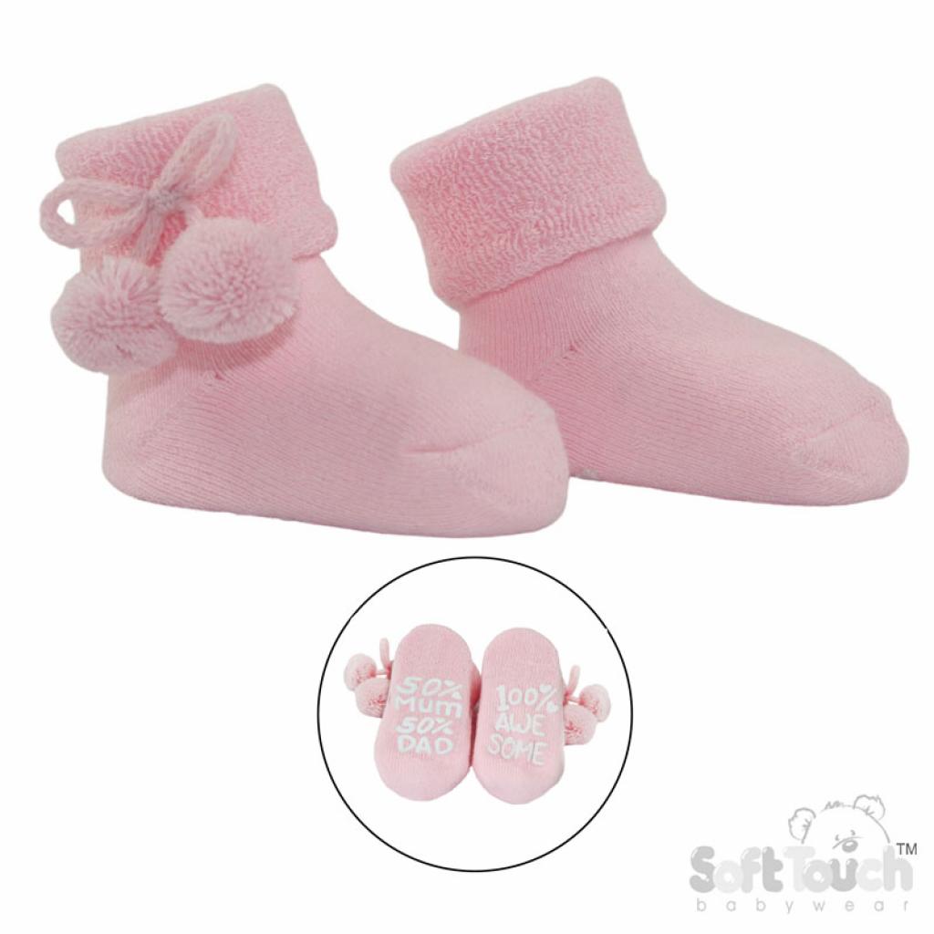 100% Awesome Baby Pink Pom Pom Socks – by Soft Touch (0-12 months) - Image 2