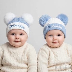 Sky/White Mummy & Daddy Pom Pom Hat – by Soft Touch (Newborn–12 Months)