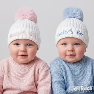 Daddy’s Girl Ribbed Knit Pom Pom Hat – by Soft Touch (Newborn–12 Months)