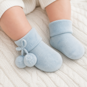 100% Awesome Baby Blue Pom Pom Socks – by Soft Touch (0-12 months)