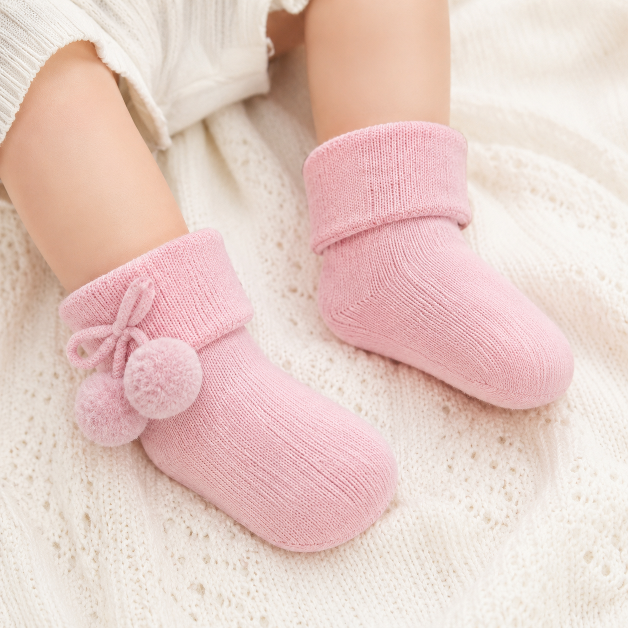 100% Awesome Baby Pink Pom Pom Socks – by Soft Touch (0-12 months)