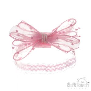 Pink Lace Flower & Pearl Headband – by Soft Touch (Newborn–12 Months)