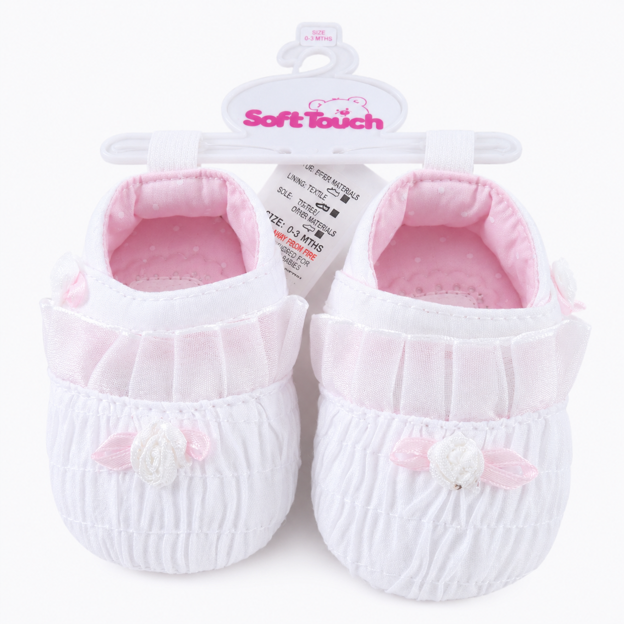 Pretty White Frill & Rosebud Infant Shoes Soft Touch (0–12 Months) - Image 2