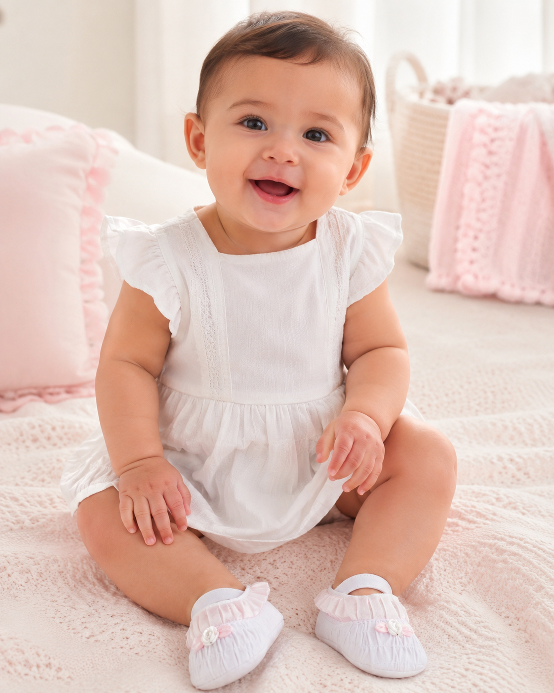 Pretty White Frill & Rosebud Infant Shoes Soft Touch (0–12 Months)