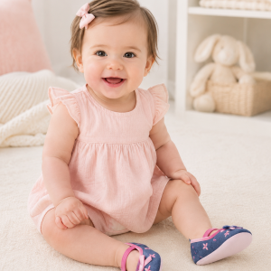 Denim Embroidered Baby Shoes with Pink Bow – by Soft Touch (0–12 Months)