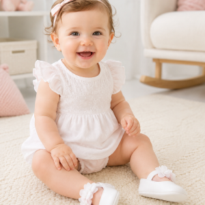 White Floral Shiny Infant Shoes – by Soft Touch (0–12 Months)