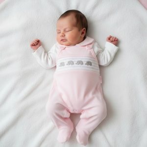 Pink & White Smocked Elephant All In One – by Tiny Chick (3–8 lbs)