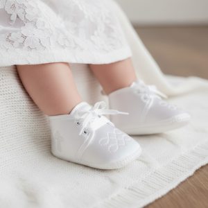 White Satin Christening Shoes – by Nursery Time (0–18 Months)