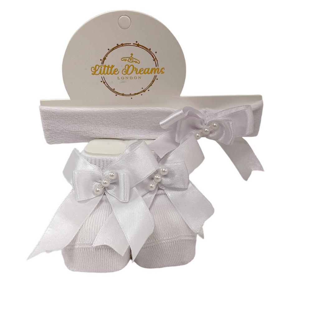 White Bow & Pearl Headband and Socks – by Little Dreams (0–6 Months) - Image 2
