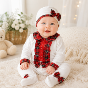 Ivory Tartan Ruffle All-in-One & Hat – by Visara Vivaki (3–9 Months)