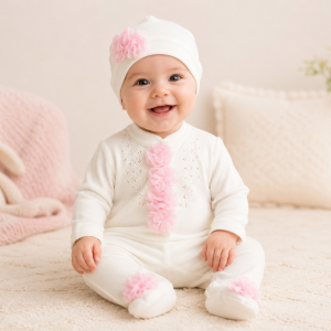 Sequin Flower All In One and Hat – by Visara & Vivaki (6–9 Months) LAST ONE‼️