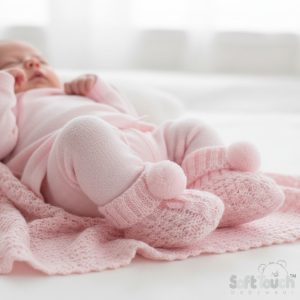 Pink Pom Pom Cable Knit Booties – by Soft Touch (Newborn+)