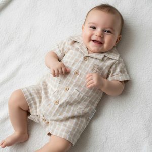 Taupe & White Checked Romper – by My Little Chick (Newborn–6 Months)