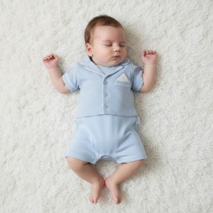 Sky Blue Dobby Dot Faux Jacket Romper – by My Little Chick (Newborn–6 Months)