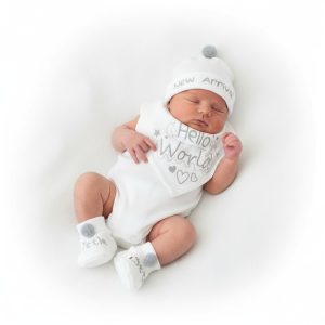 New Arrival" Bib, Hat & Bootee Pom Pom Set – by Soft Touch (Newborn–3 Months)