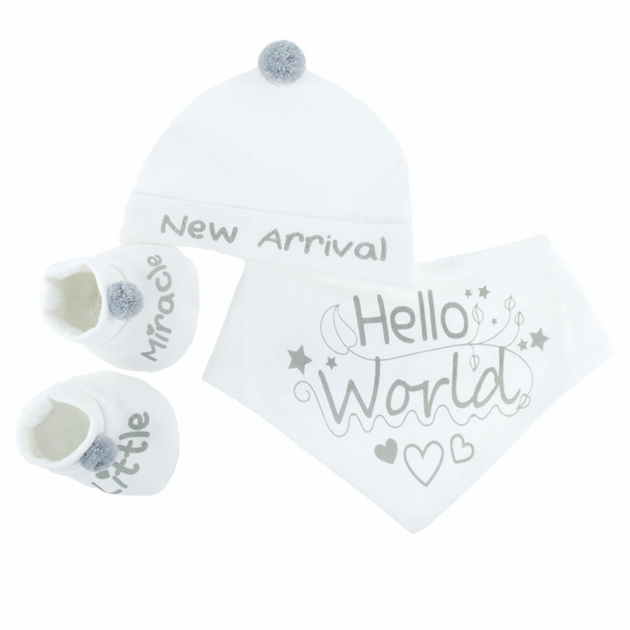 New Arrival" Bib, Hat & Bootee Pom Pom Set – by Soft Touch (Newborn–3 Months) - Image 2