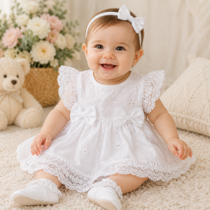 Embroidered Lace and Bow Dress Set – by Nursery Time (0 - 6 Months)