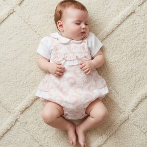 White & Pink Dungaree Paisley Romper Set – by My Little Chick (Newborn–9 Months)