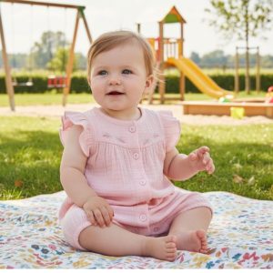 Pink Flowers Muslin Romper – by My Little Chick (Newborn–6 Months)