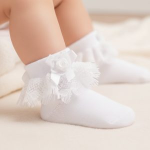 White Jester Rose & Lace Ankle Socks – by Soft Touch (0–24 Months)