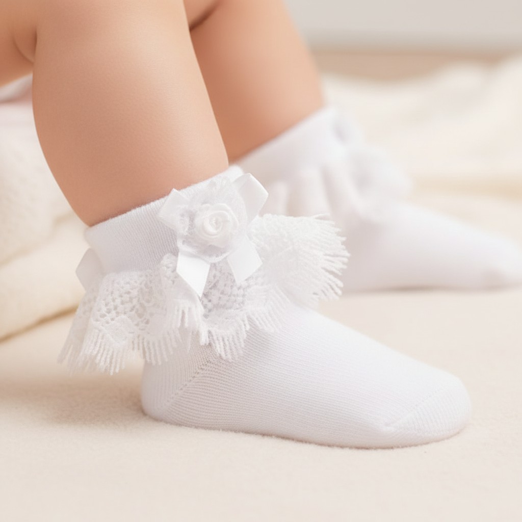 White Jester Rose & Lace Ankle Socks – by Soft Touch (0–24 Months)