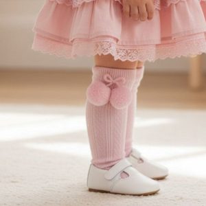 Pink Knee High Pom Pom Socks – by Soft Touch (3–12 Months)