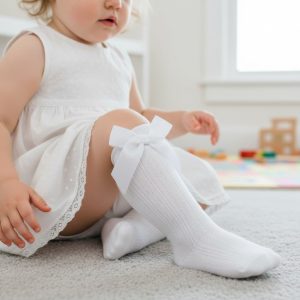 White Cable Knee High Socks with Bow – by Soft Touch (2–9 Years)
