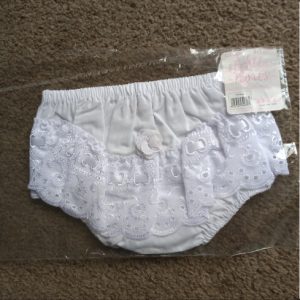White Pants with Flower and Ribbon Lace Frills – by Soft Touch (6–18 Months)