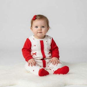 Red Dotty and Lace Velour All-In-One – by MiniCayzen (0–9 Months)