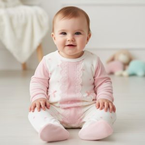 Pink Dotty and Lace Velour All-In-One – by MiniCayzen (0–9 Months)