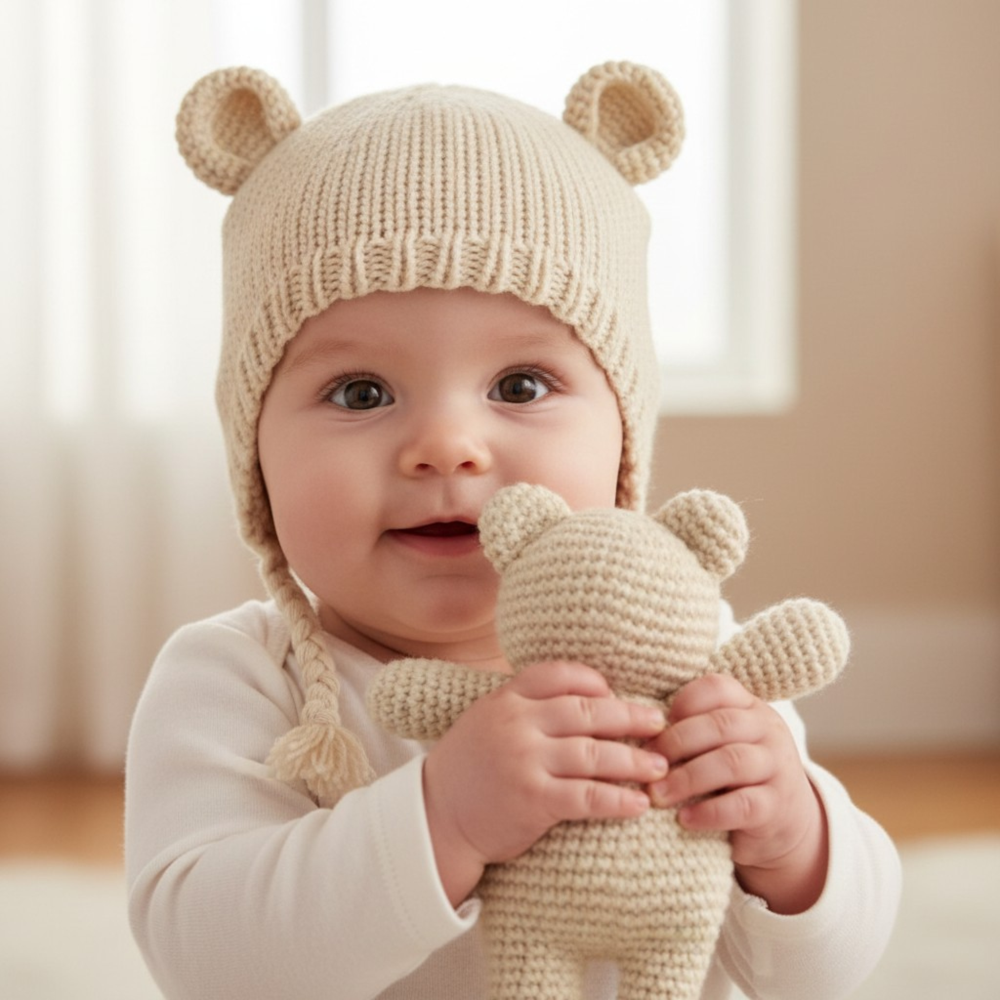 Knit Bonnet and Teddy Set – by Snuggle Baby (0–3 Months)