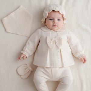 Ecru/Pink Dotty Layette 5 Piece Set – by Tongs Baby (0-1 month)