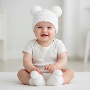 White Pom Pom Hat and Bootee Set – by Soft Touch (Newborn–6 Months)