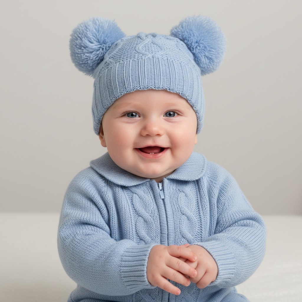 Sky Deluxe Chain Knit Pom Pom Hat – by Soft Touch (Newborn–12 Months)