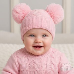 Pink Deluxe Chain Knit Pom Pom Hat – by Soft Touch (Newborn–12 Months)