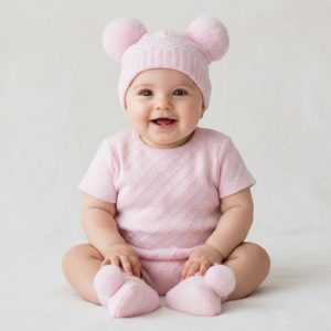 Pink Pom Pom Hat and Bootee Set – by Soft Touch (Newborn –6 Months)