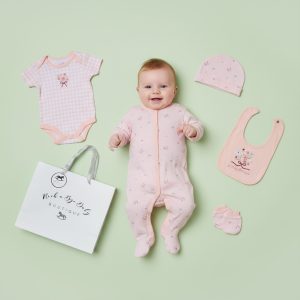 “Pretty Flowers” 5 Piece Layette Set – by Rock a Bye Boutique (Newborn –6 Months)