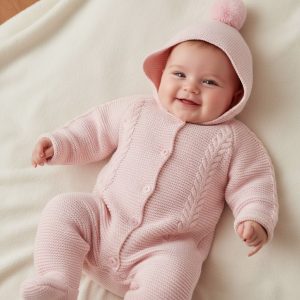 Pink Hooded Knitted Pom Pom All-In-One – by Just For Me (Newborn–6 Months)