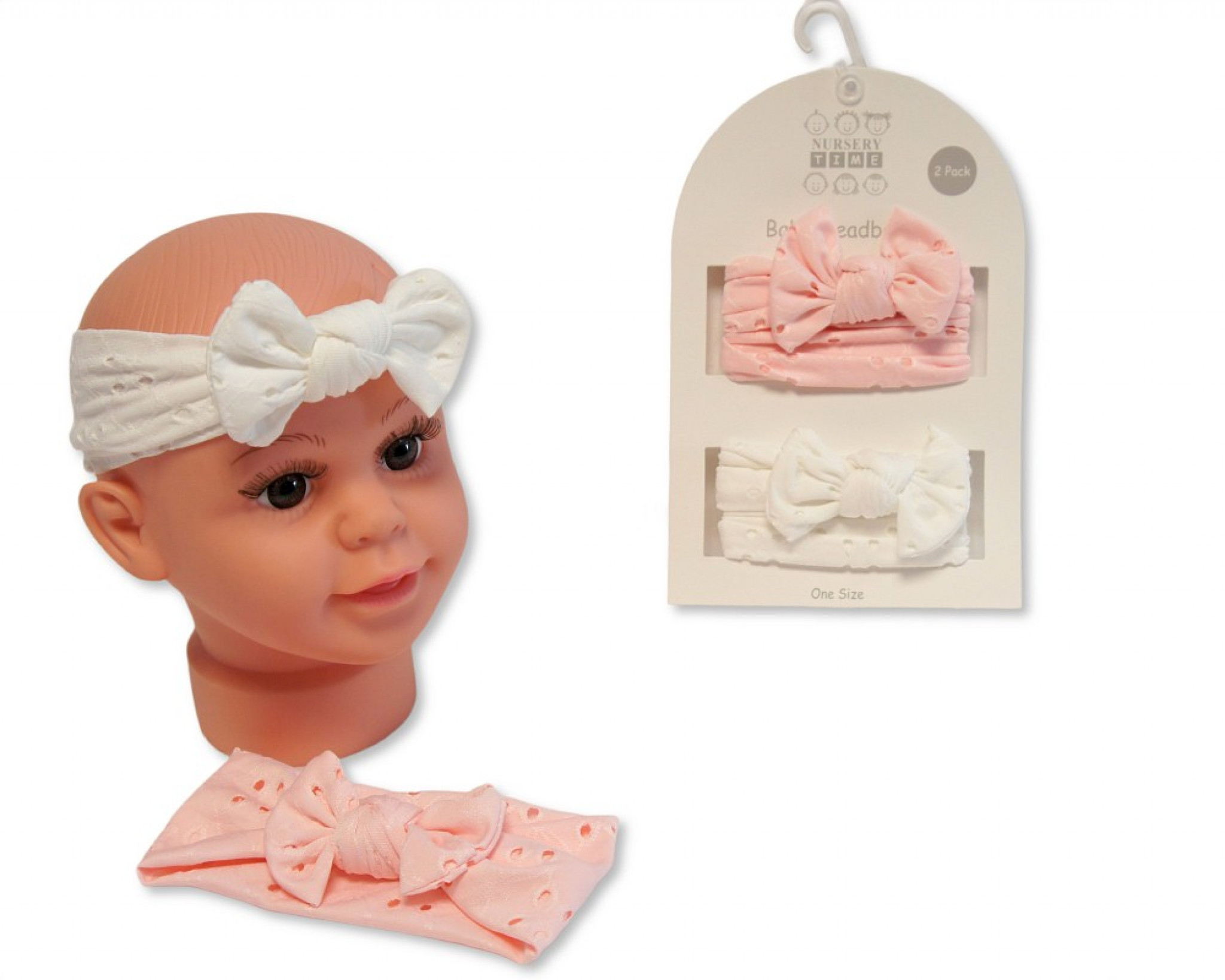 Pink & White Broderie Twin Pack Stretch Bow Headband Set – by Nursery Time (0–18 Months) - Image 2
