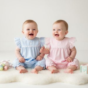 Blue or Pink Daisy Woven Romper – by Rock a Bye Boutique (0–9 months)