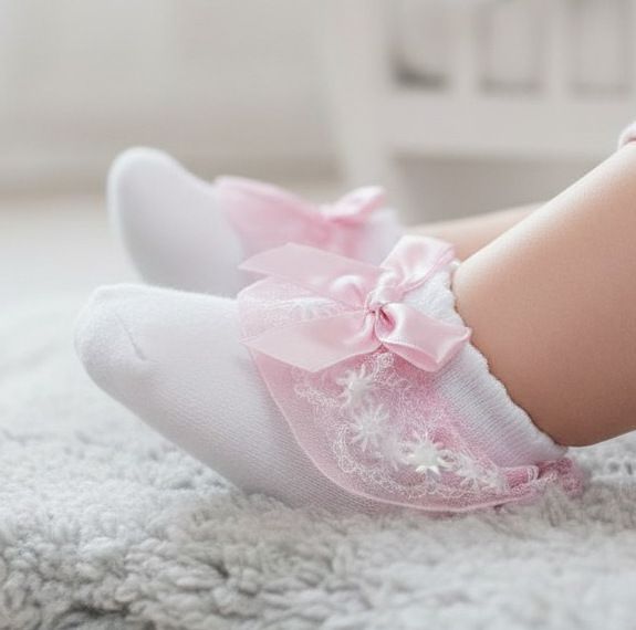 White/Pink Organza & Lace Socks – by Soft Touch (6–18 Months)