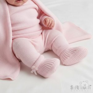 Pink Cable Knit Bow Booties – by Soft Touch (Newborn)